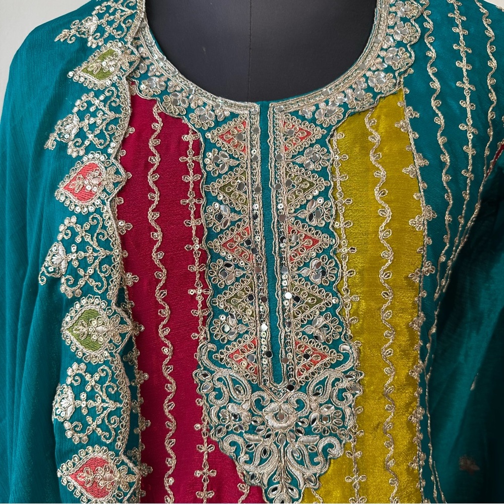 Teal Anarkali Palazzo Set w/ Dupatta | Embroidered Zari Ethnic - Picture 10 of 16